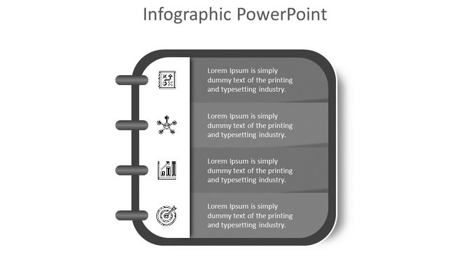Infographic template formatted like a notebook, containing four sections with icons for easy content customization,