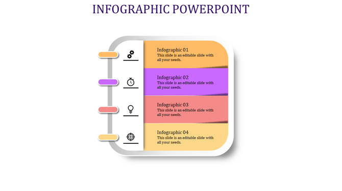 Infographic PowerPoint template featuring four sections with colored blocks and icons representing different concepts.