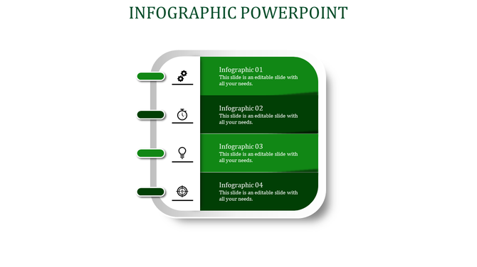 Notebook style layout with four green sections and icons on a white background, representing infographic elements.