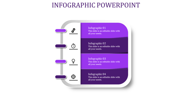 Spiral bound infographic with four horizontal purple banners linked to vertical icons, illustrating sequential steps.