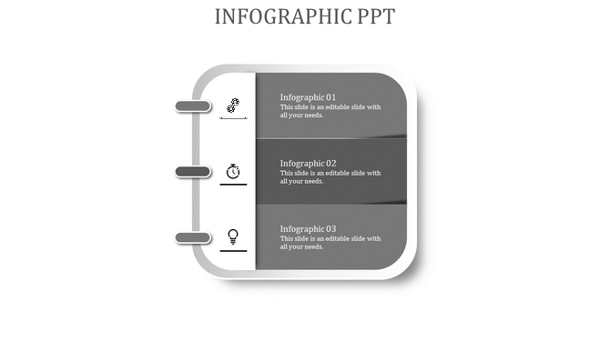 Curved notebook style infographic featuring three gray content blocks connected to icons on the left, depicting key stages.