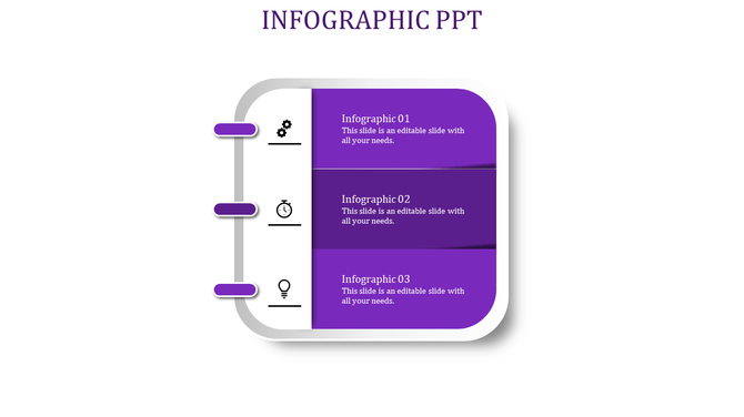 Three step infographic with a spiral bound design, purple gradient sections on the right, and icons on the left.