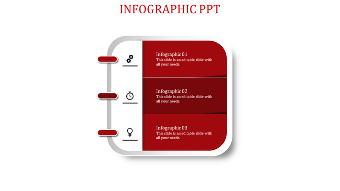 Red themed infographic with three horizontal sections, each featuring an icon and text, styled like a notebook layout.