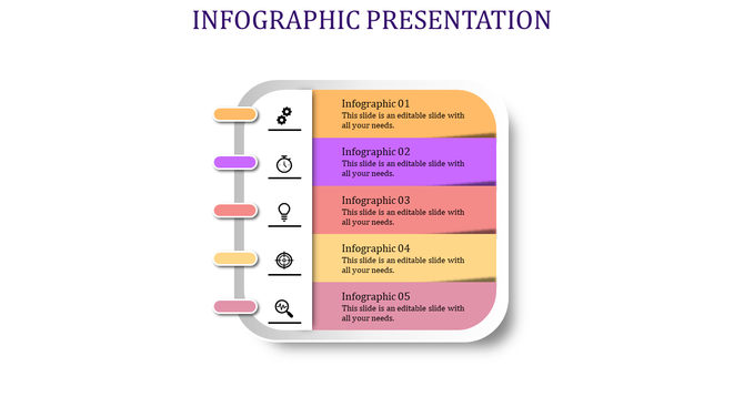 Infographic PowerPoint template featuring five colorful sections with icons representing different stages with text area.