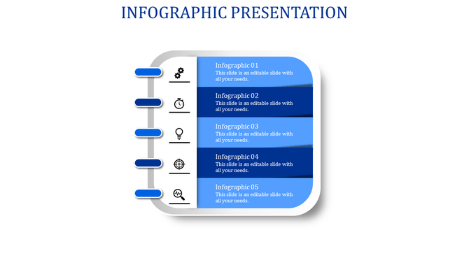 Infographic PowerPoint template with five sections in blue, including icons for each section.