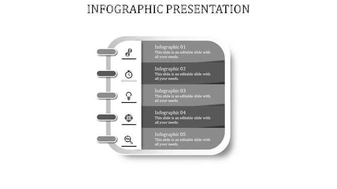 Notebook themed infographic with five grey horizontal segments, each containing an icon and placeholder text.
