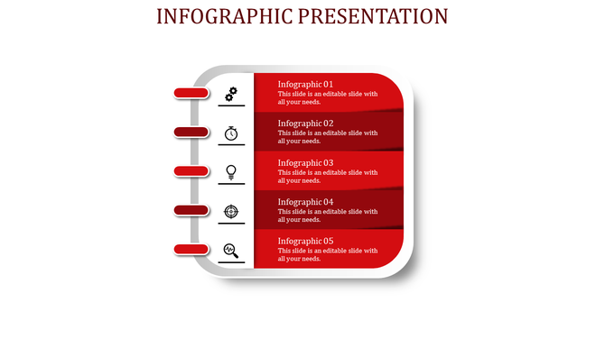 Red infographic layout with five stacked sections and icons on the left, and a notebook style design on a white background.