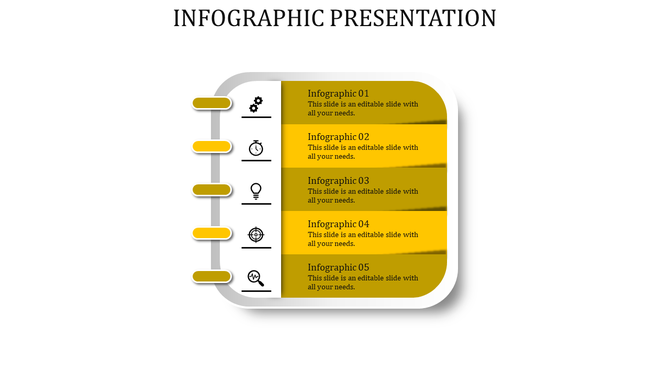Infographic PowerPoint template with five sections in yellow, including icons for each section.