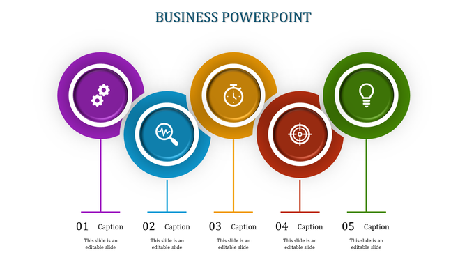 Business slide with five circular icons in purple, blue, yellow, red, and green, each connected to numbered captions below.