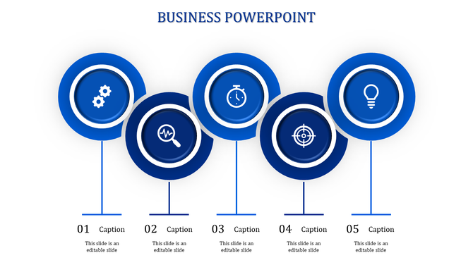 Modern infographic with five blue circular icons representing different business concepts, arranged in a horizontal layout.
