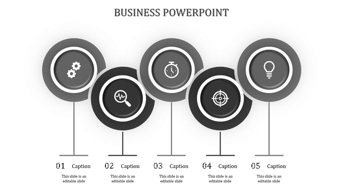 Business slide design showing five gray circular icons with corresponding captions connected by vertical lines.