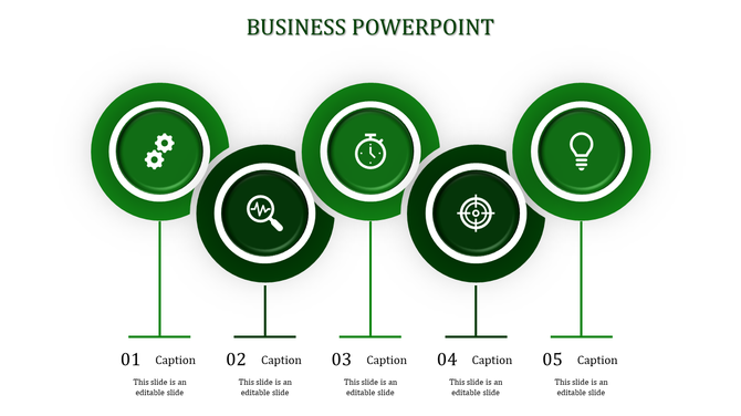 Business PowerPoint template with five green circular icons, each representing a different business concept with captions.