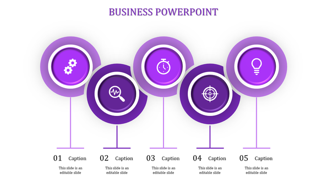 Circular business infographic with five purple icons, each linked to a numbered caption, illustrating a sequential process.