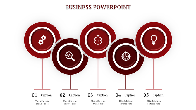 Horizontal infographic with five circular red graphics and captions for business related content on a white backdrop.