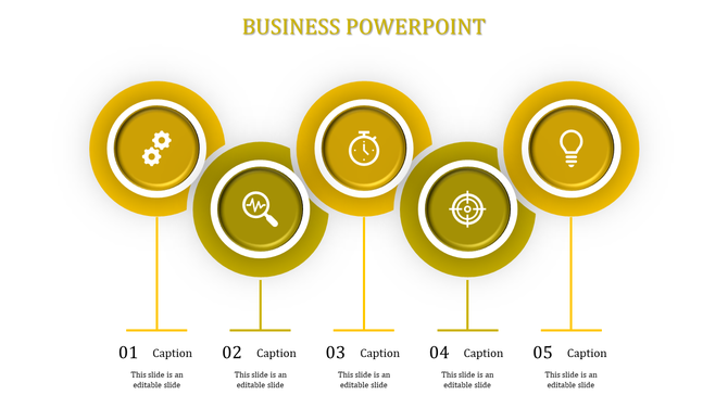 Business PowerPoint template with five yellow circular icons, each representing a different business concept with captions.