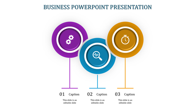Business process diagram featuring three colored circular elements with icons for gears, magnifying glass, and stopwatch.