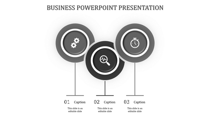 Business PPT slide with three icons representing settings, analysis, and time management, accompanied by captions.