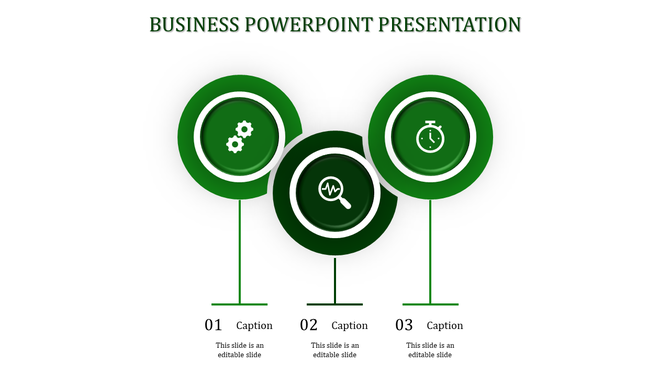 Modern business slide with three green circular nodes, each displaying an icon and connected captions below.