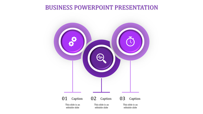 Business PowerPoint slide featuring three purple icons for settings, magnifying glass, and timer, with captions.
