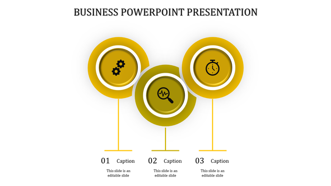 Business PowerPoint slide featuring three yellow icons for settings, magnifying glass, and timer, with captions.