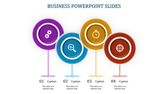 Business PowerPoint slide with four colorful icons representing settings, search, timer, and target, each with captions.
