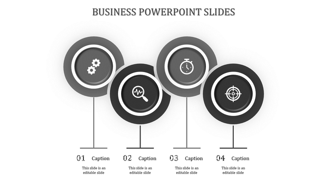 Business slide with four circular gray icons connected to captions below on a white background.