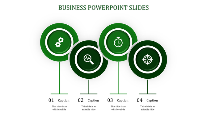 Business PowerPoint slide with four circular green icons representing settings, search, timer, and target, with captions.