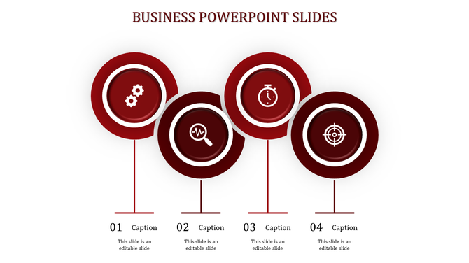 Business PowerPoint slide with four circular red icons representing settings, search, timer, and target, with captions.