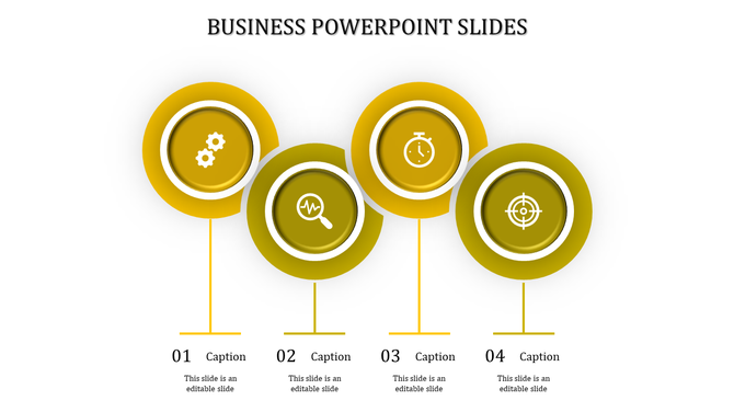 Business process diagram featuring four yellow elements with icons for gears, magnifying glass, stopwatch, and target.