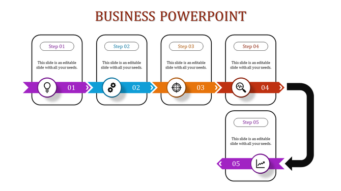 Business PowerPoint timeline with five steps featuring icons and vibrant colors for a sequential workflow.