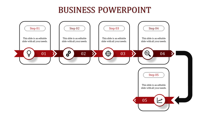 Stepwise business template featuring red ribbons, icons, and directional arrows for five stages each with captions areas.