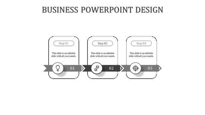 Stepwise business template featuring grayscale ribbons, icons, and connecting arrows for three stages.