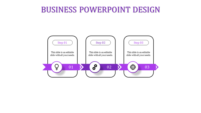 Business slide featuring three steps in a process with purple arrows and icons, framed in rectangles.