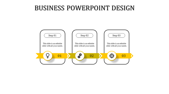 Three step process chart with yellow banners, featuring circular icons and rectangular text placeholders on a white canvas.