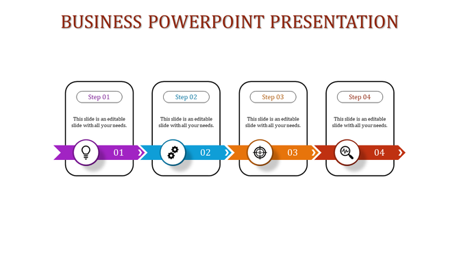 Stepwise business template featuring numbered ribbons colour coded and icons for four stages placed in white backdrop.