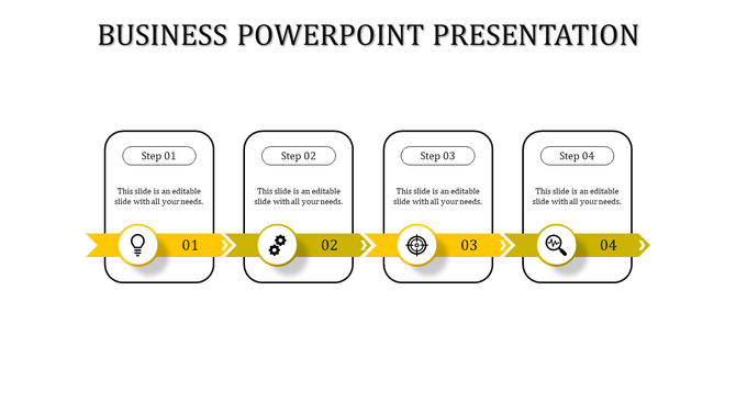 Stepwise business presentation with yellow ribbons, icons, and connecting arrows for four stages.