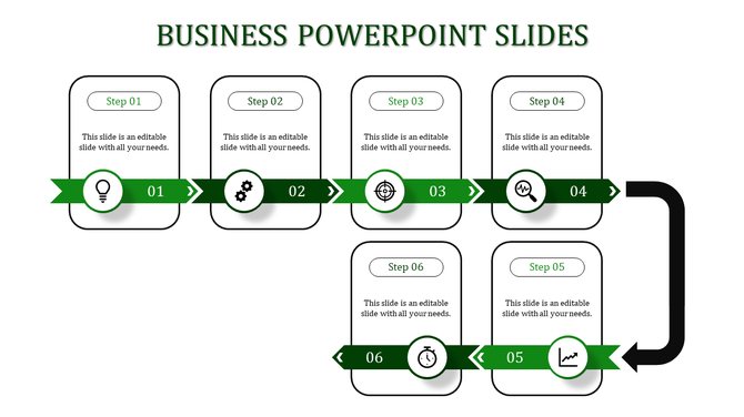 Green themed business slide with six steps featuring rectangular boxes, circular icons, and connected ribbons.
