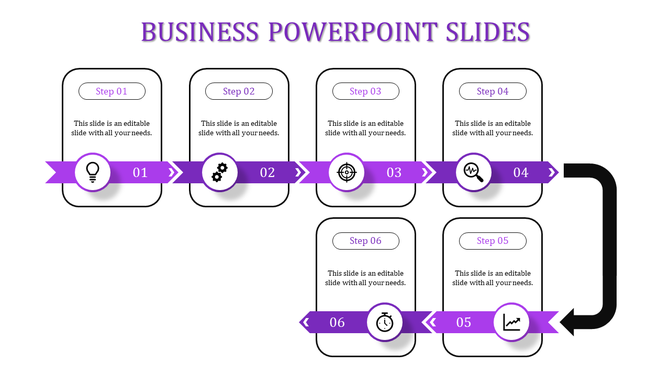Stepwise business presentation with purple ribbons, icons, and connecting arrows for six stages.