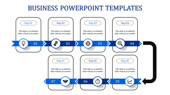 Seven stage process template in blue with arrows, icons, and numbered labels placed in white backdrop.