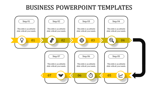 Stepwise business presentation with yellow ribbons, icons, and connecting arrows placed in a white background.