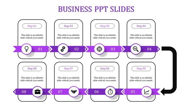 Stepwise business presentation with purple ribbons, icons, and connecting arrows for eight stages.