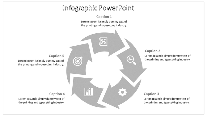 Gray cycle diagram with five sections featuring icons and captions evenly distributed in a circular layout.