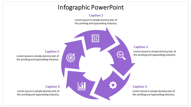 Circular infographic design with five connected purple segments and icons representing different captions.