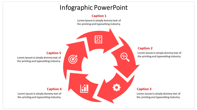 Red themed circular infographic slide with five arrows, icons, and captions representing a continuous process.