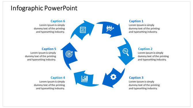 Circular infographic PowerPoint slide with six blue arrows, each containing icons and captions for various processes.