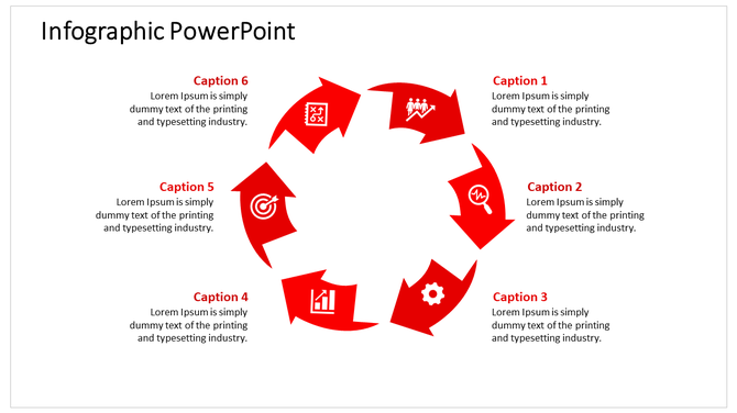 Infographic with six arrows in red pointing in a loop, labeled with icons for project strategy, development, and performance.
