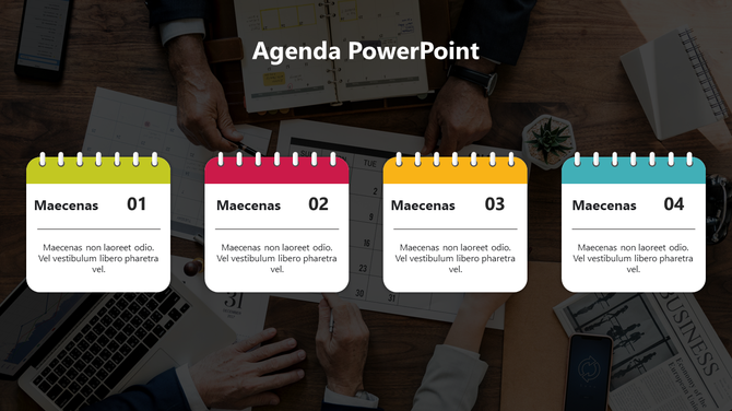 Agenda template featuring four colorful calendar style sections, blurred images of hands on a wooden desk backdrop.