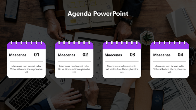 Professional agenda template with calendar-style icons against a business background with four caption areas.