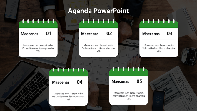 Agenda PowerPoint slide displaying five calendar style cards with green headers numbered 01 to 05 and placeholders for text.