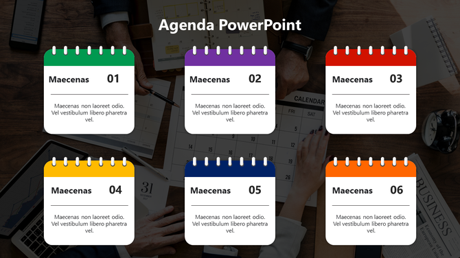 Agenda PowerPoint slide with numbered calendar blocks and space for event descriptions in a sleek office setting.